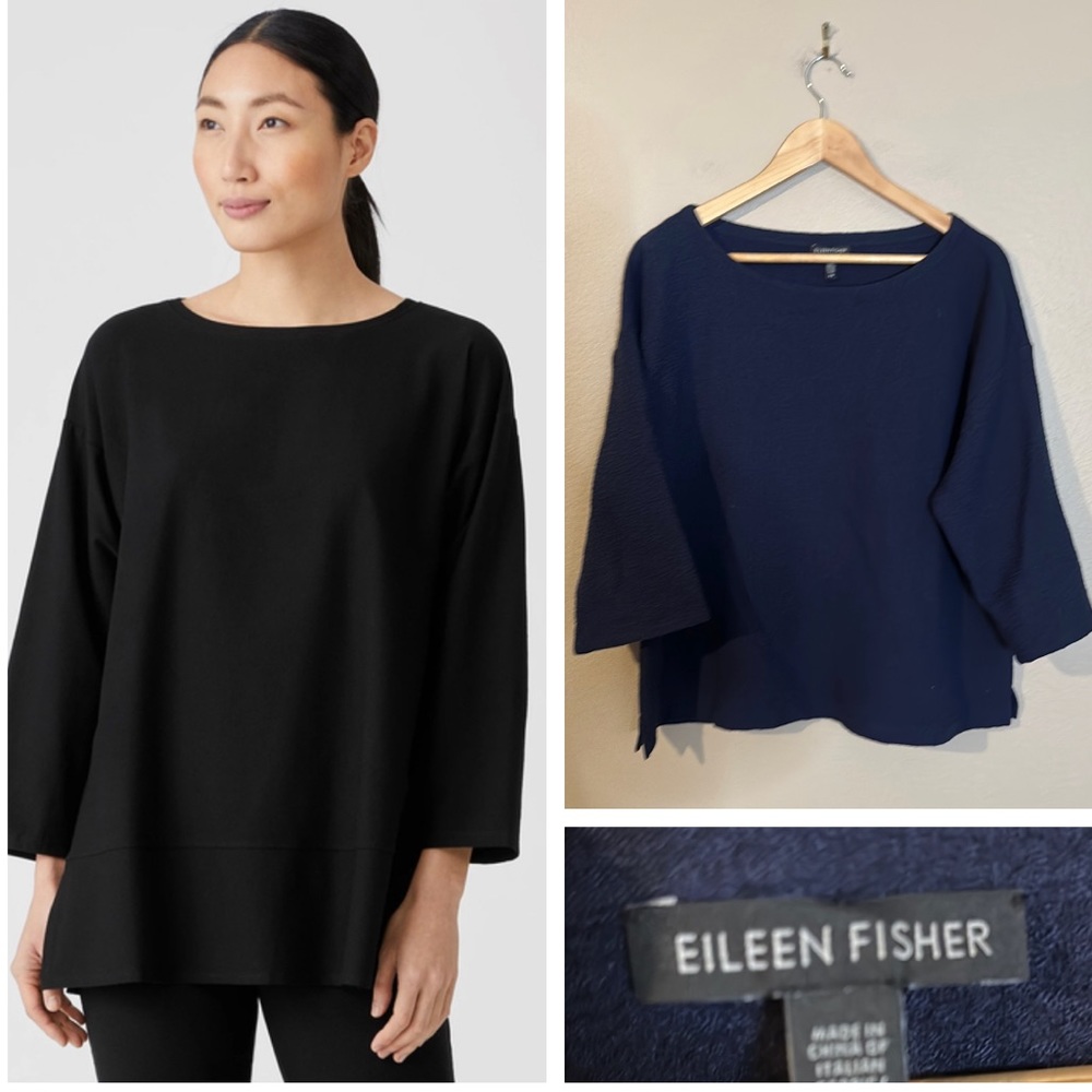 Eileen Fisher Navy Blue Crepe Popover Tunic/Dress Size Large Oversized Fit